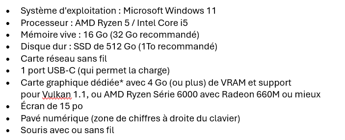 Spécifications de l'ordinateur portable